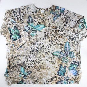 Time and Tru 3/4 Sleeve Sublimation Top Animal Print Butterflies Brown BLue